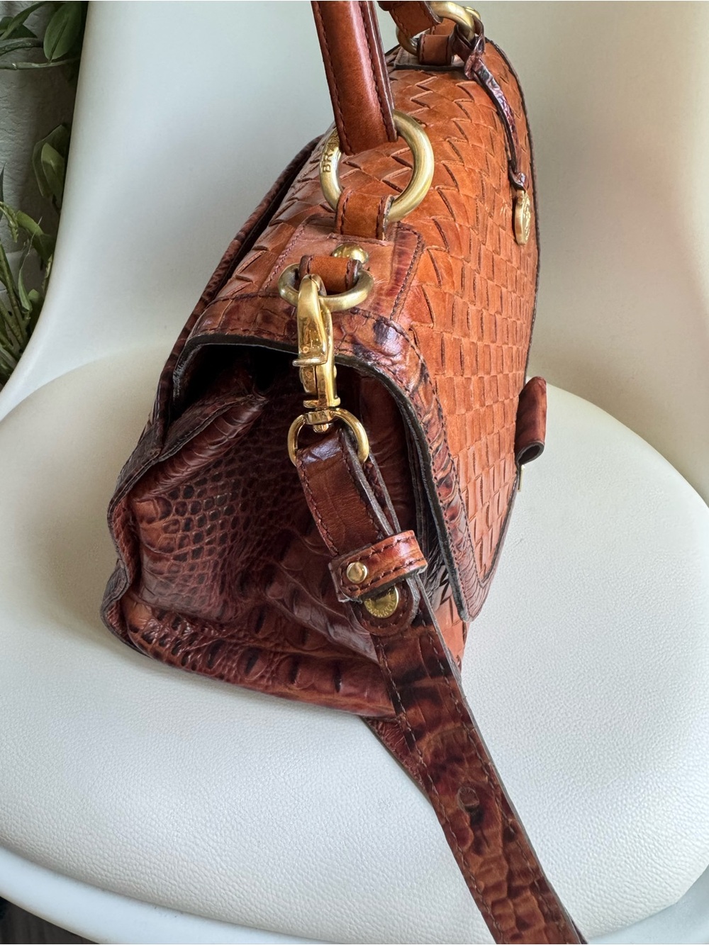 Brahmin Debi Pecan Melbourne Brown Leather Woven Satchel Crossbody Bag - Picture 7 of 12